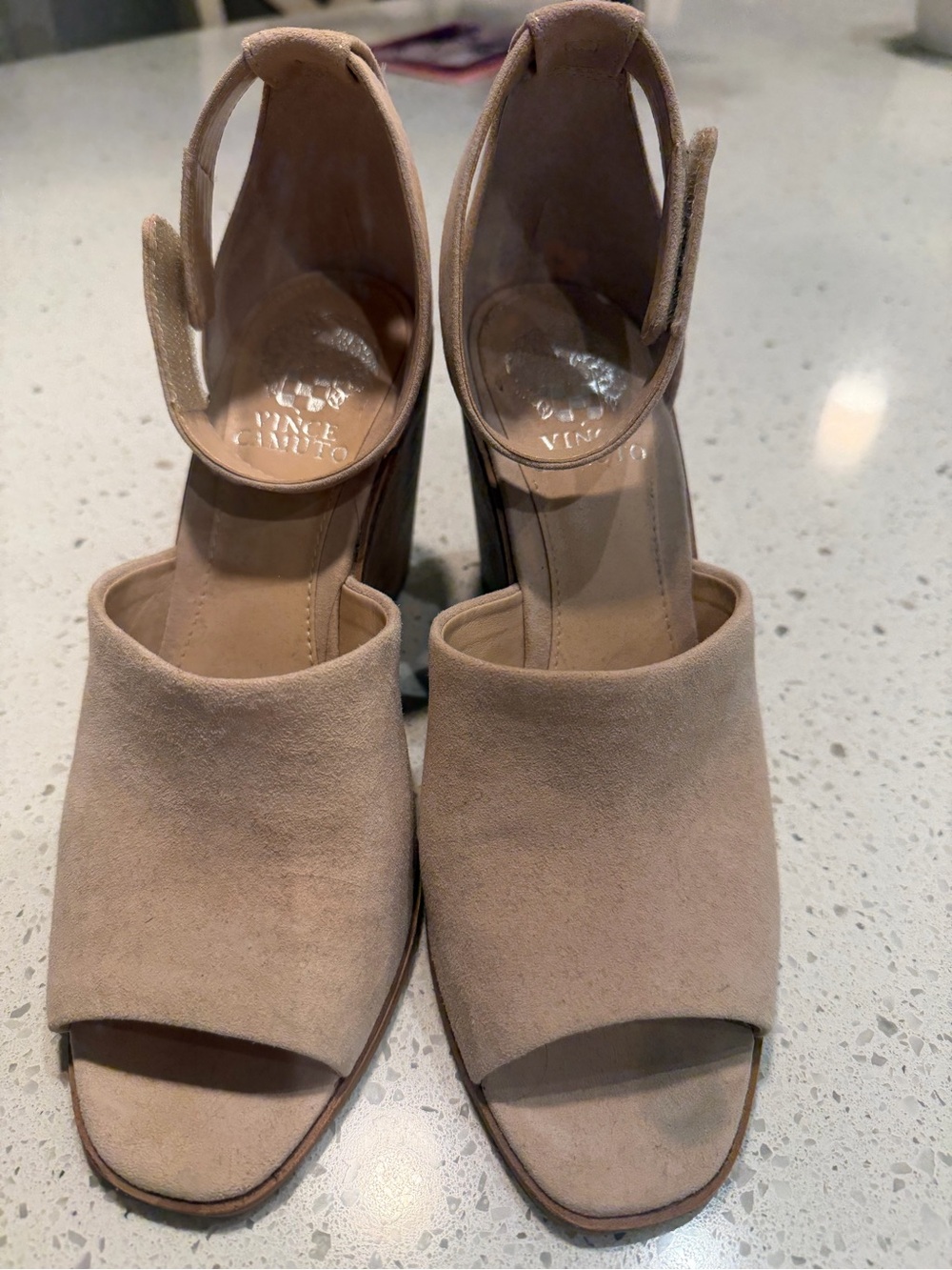 Vince Camuto Beige Suede Open-Toe Block Heel Sandals